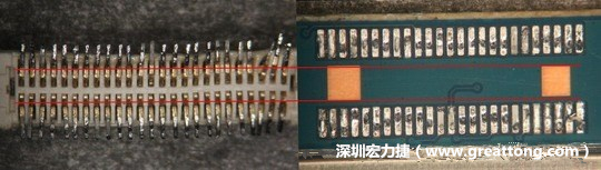 把板對板連接器與其電路板的佈線焊墊作一個比較，端子的切斷面有毛邊的地方剛好對到了裸銅區(qū)。