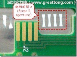 這個HotBar(熱壓熔錫焊接)吃錫的設(shè)計已經(jīng)對了一半，在印刷錫膏的時候在焊墊的中間位置減少錫膏，如果治具的設(shè)定正確的話，熱壓頭(thermode)要壓在焊墊中間的位置，焊錫的印出來結(jié)果如下面右圖所示。