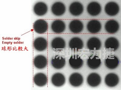 現(xiàn)在我畫幾條直線你再看看是否有發(fā)現(xiàn)那一顆BGA的錫球比較大，有空焊的可能？