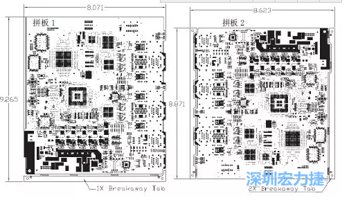 如圖7所示是使用不同數(shù)量邊條的拼板，拼板1僅使用了一個(gè)邊條，直接利用PCB另一邊作為SMT工藝傳送邊，并且PCB圖形中有合適的安裝孔；而拼板2則是按常規(guī)設(shè)計(jì)了兩個(gè)邊條。拼板方式為連接筋。圖中“Breakaway Tab”指邊條-深圳宏力捷