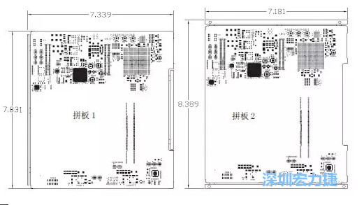 如圖11所示在兩種拼板中PCB單元的邊條位置不同，拼板1中邊條在長(zhǎng)邊方向，而拼板2中邊條在短邊方向-深圳宏力捷