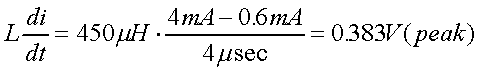 舉例來說，一個閘在"ON"而載有4mA的電流時(shí)，突然開關(guān)切到"OFF"且現(xiàn)在載有0.6mA的電流，假設(shè)開關(guān)時(shí)間為4msec，載有450mH的電感信號的導(dǎo)體，此時(shí)所產(chǎn)生的電壓突波為