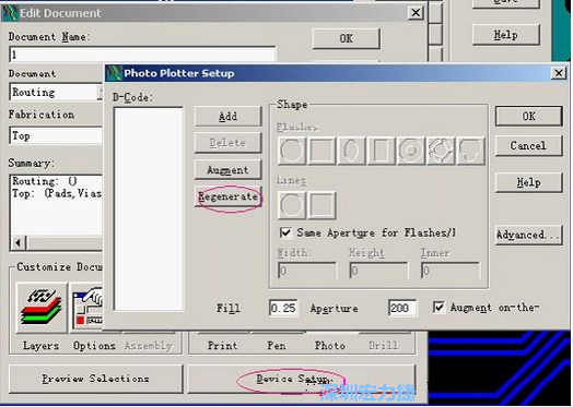 當(dāng)Gerber和鉆孔都設(shè)置完后，選擇一貼片元件較多的層（一般為Top層），點(diǎn)擊Device SetupPhoto，將 Plotter Setup窗口D-Code欄原有的D碼刪除并按Regenerate重新生成